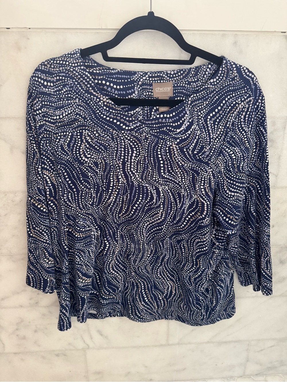 Chico’s Navy Abstract Print 3/4 Sleeve Blouse, Size 2